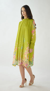 Lime Georgette Embroidered Flora Flow Dress