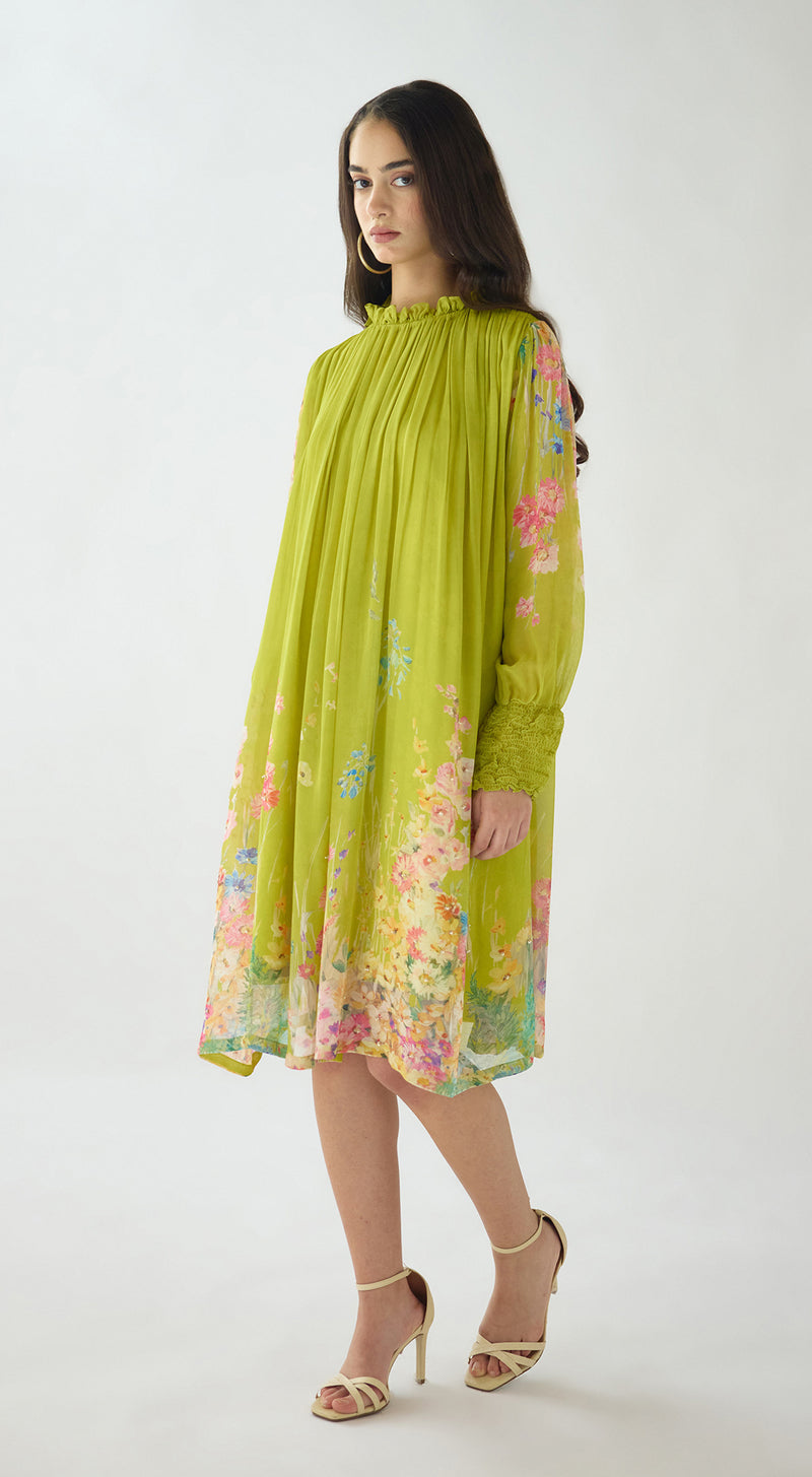 Lime Georgette Embroidered Flora Flow Dress