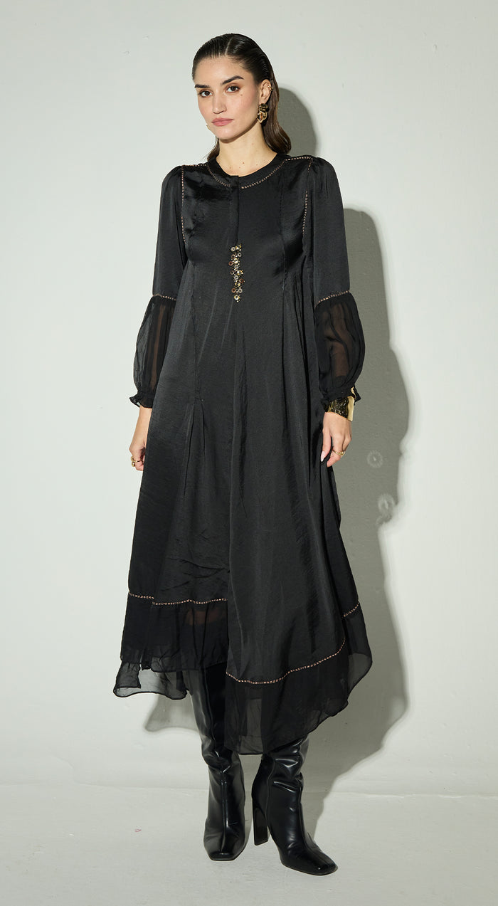 Black Satin Embroidered Dress