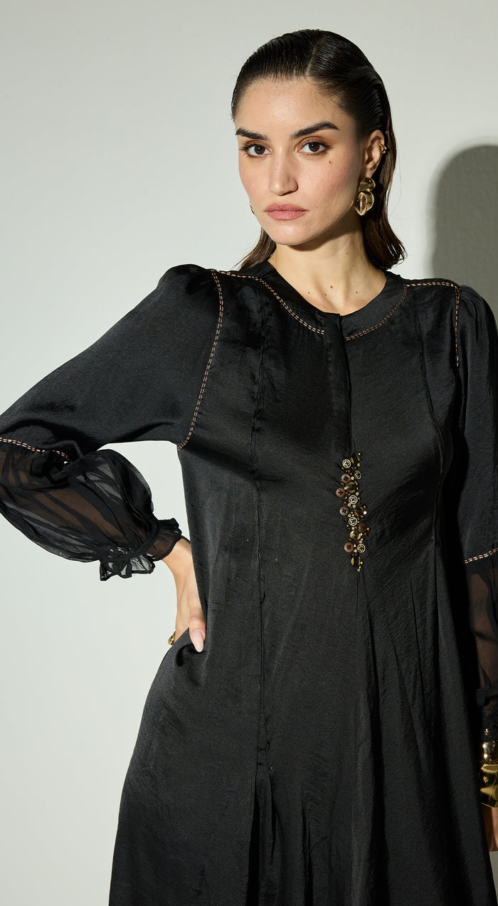 Black Satin Embroidered Dress