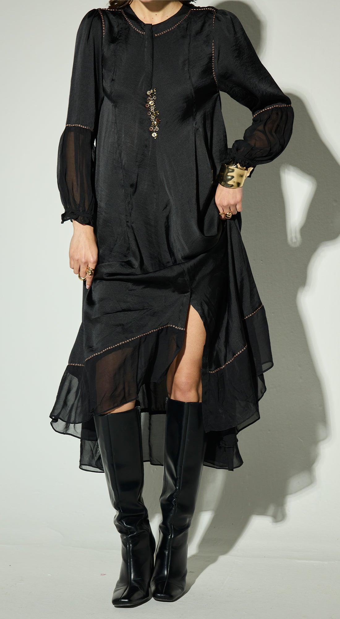 Black Satin Embroidered Dress