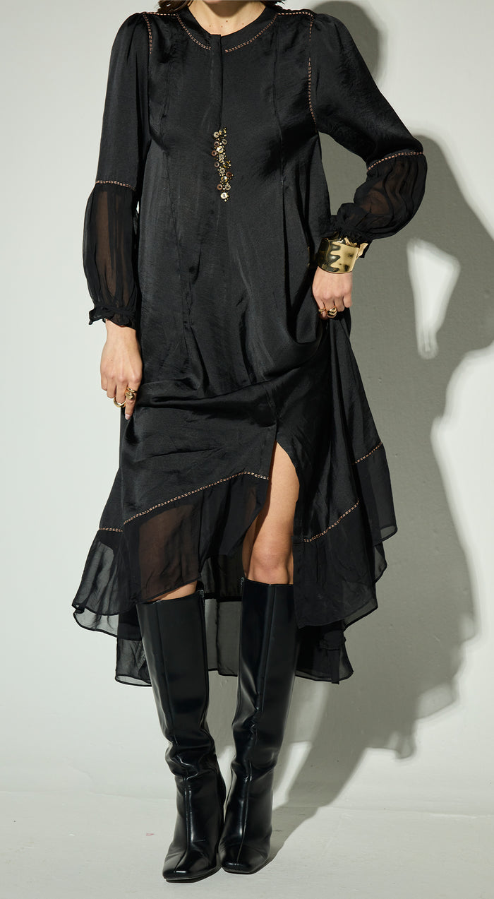 Black Satin Embroidered Dress