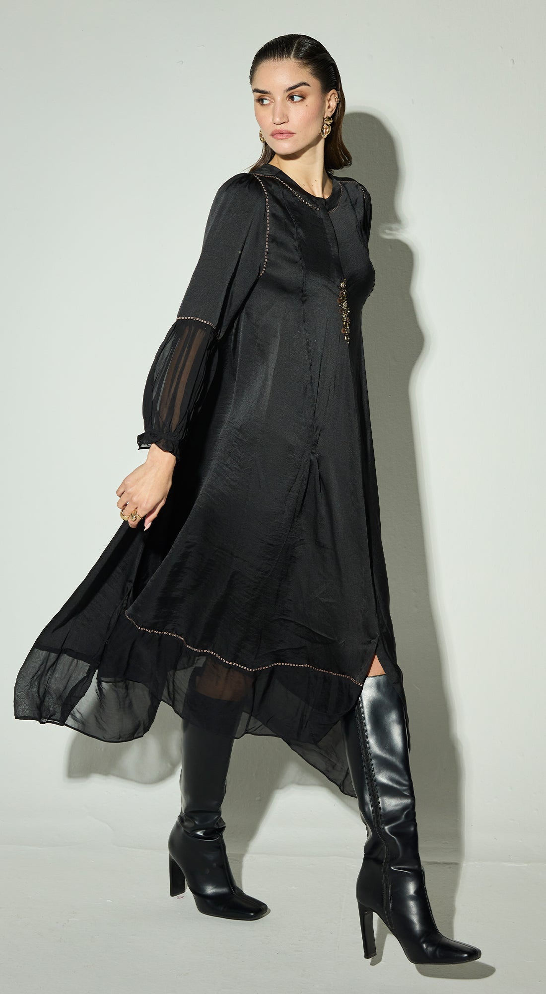 Black Satin Embroidered Dress