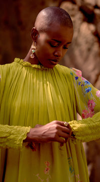 Lime Georgette Embroidered Flora Flow Dress