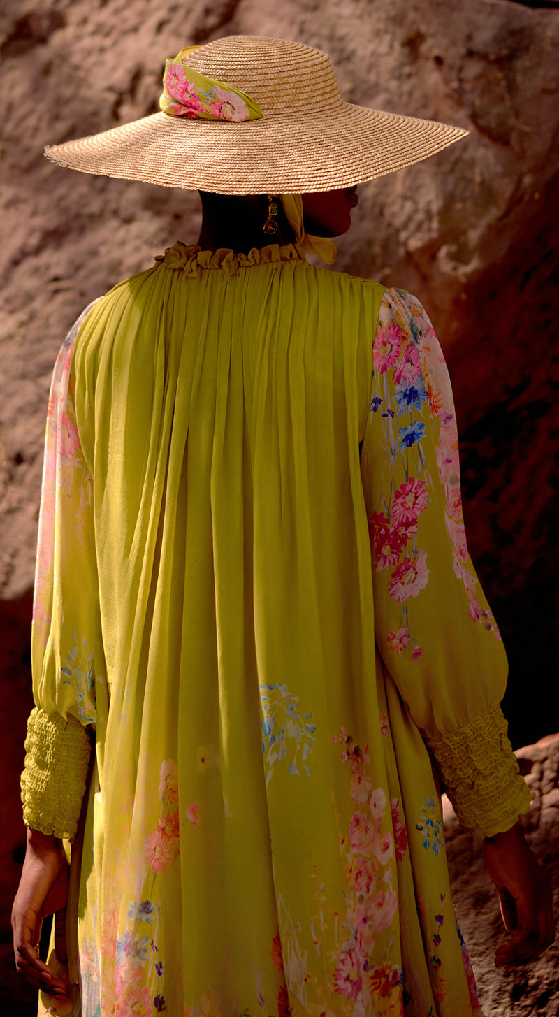 Lime Georgette Embroidered Flora Flow Dress