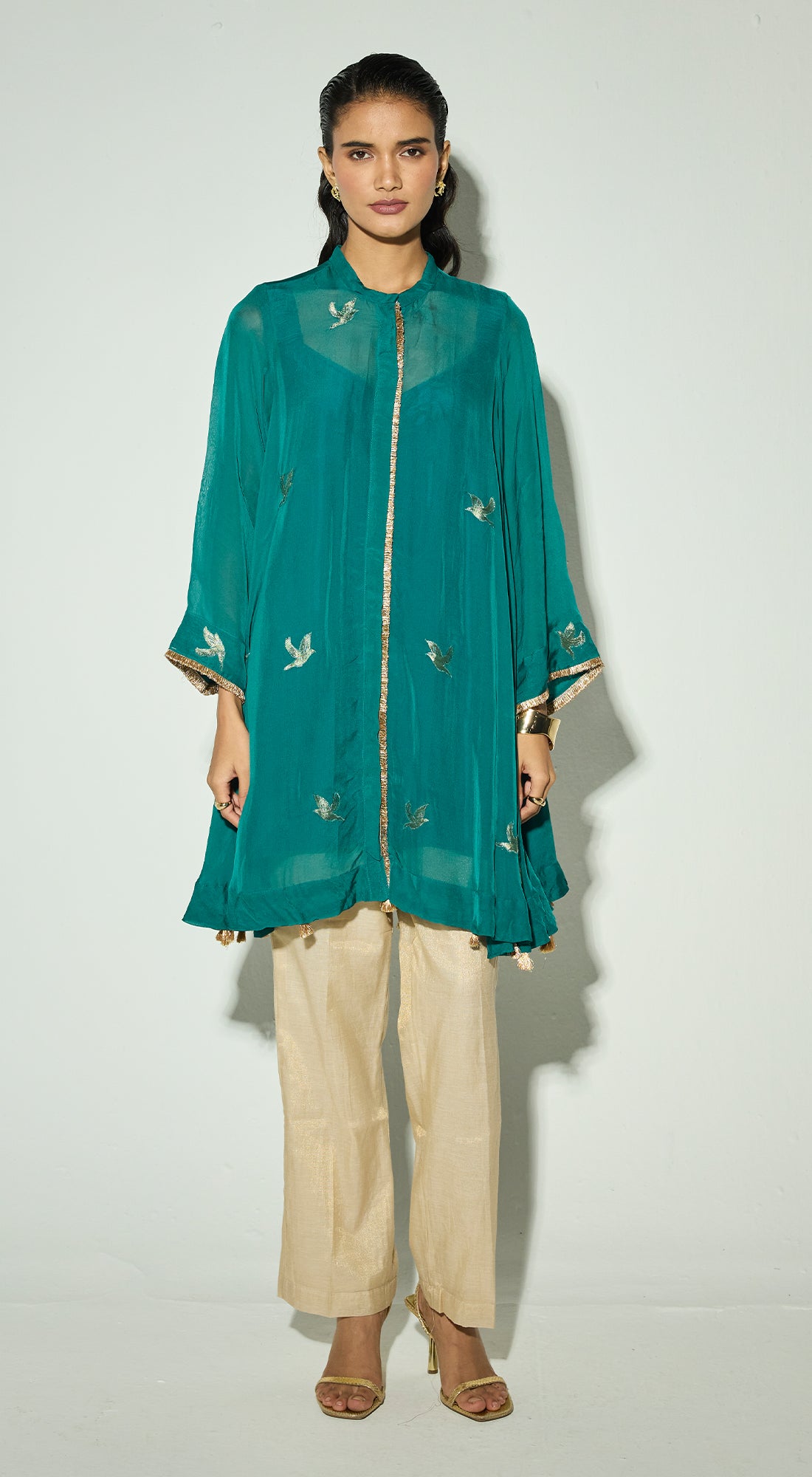 Navy-Blue Organza Embroidered Kurta Set