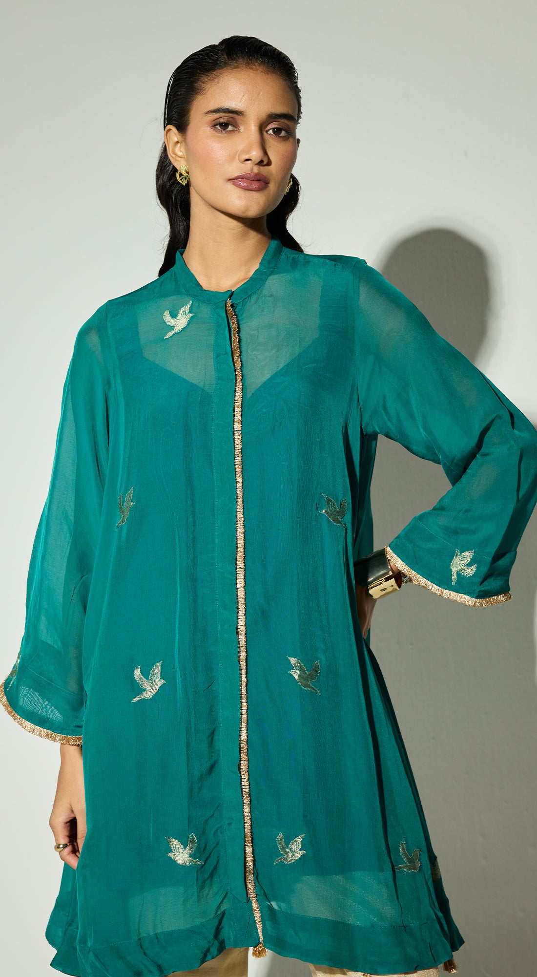Navy-Blue Organza Embroidered Kurta Set