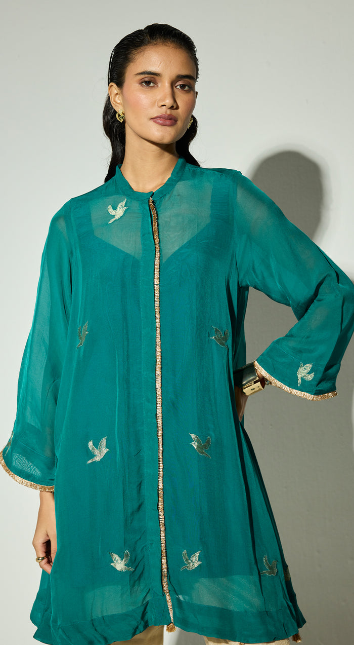 Navy-Blue Organza Embroidered Kurta Set