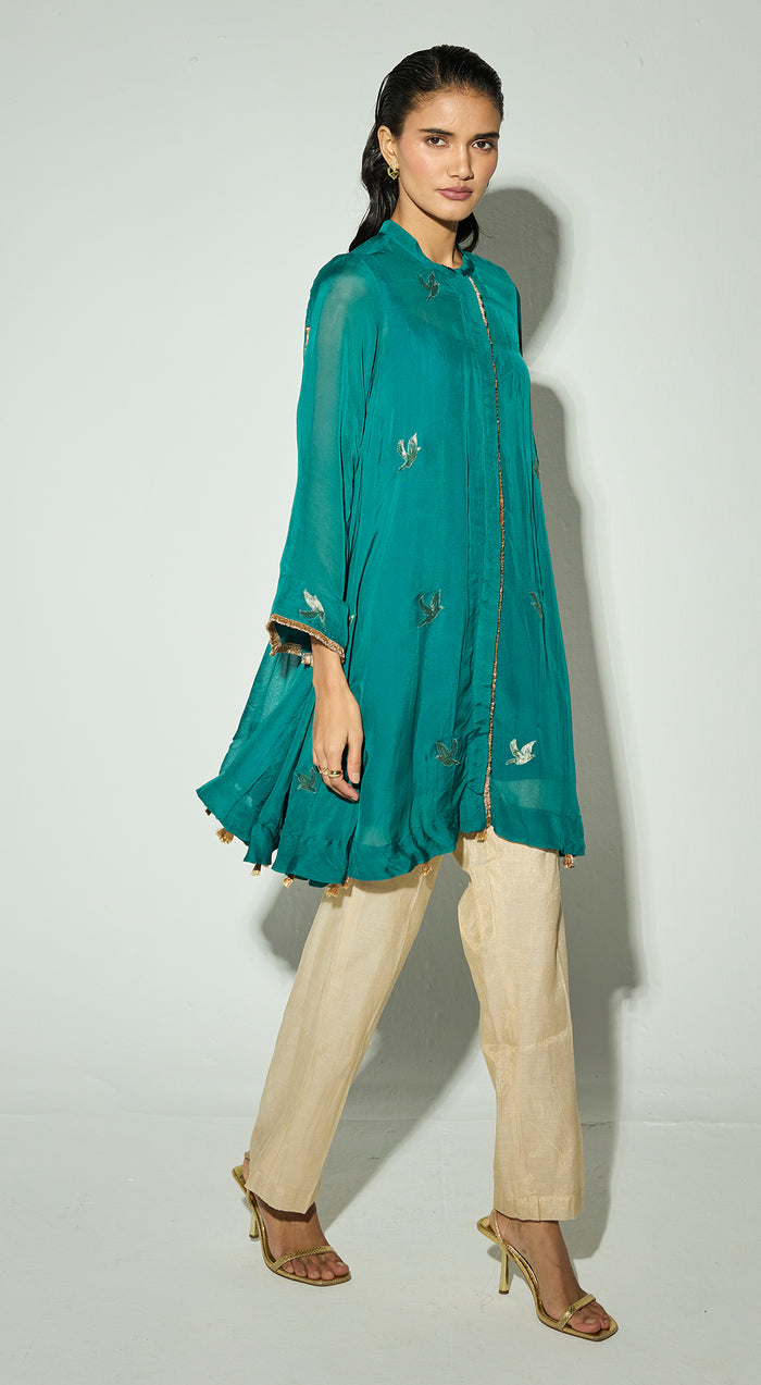 Navy-Blue Organza Embroidered Kurta Set