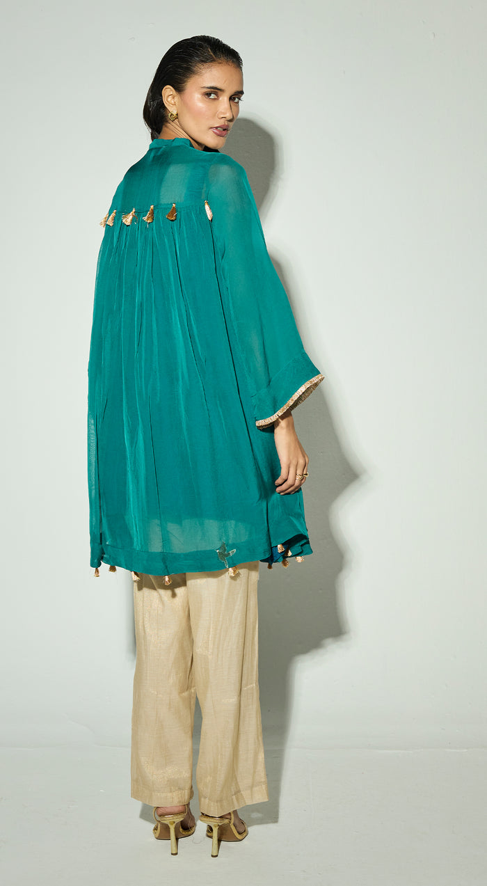 Navy-Blue Organza Embroidered Kurta Set
