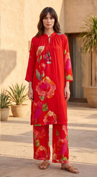 Red Flora Print Kurta Set