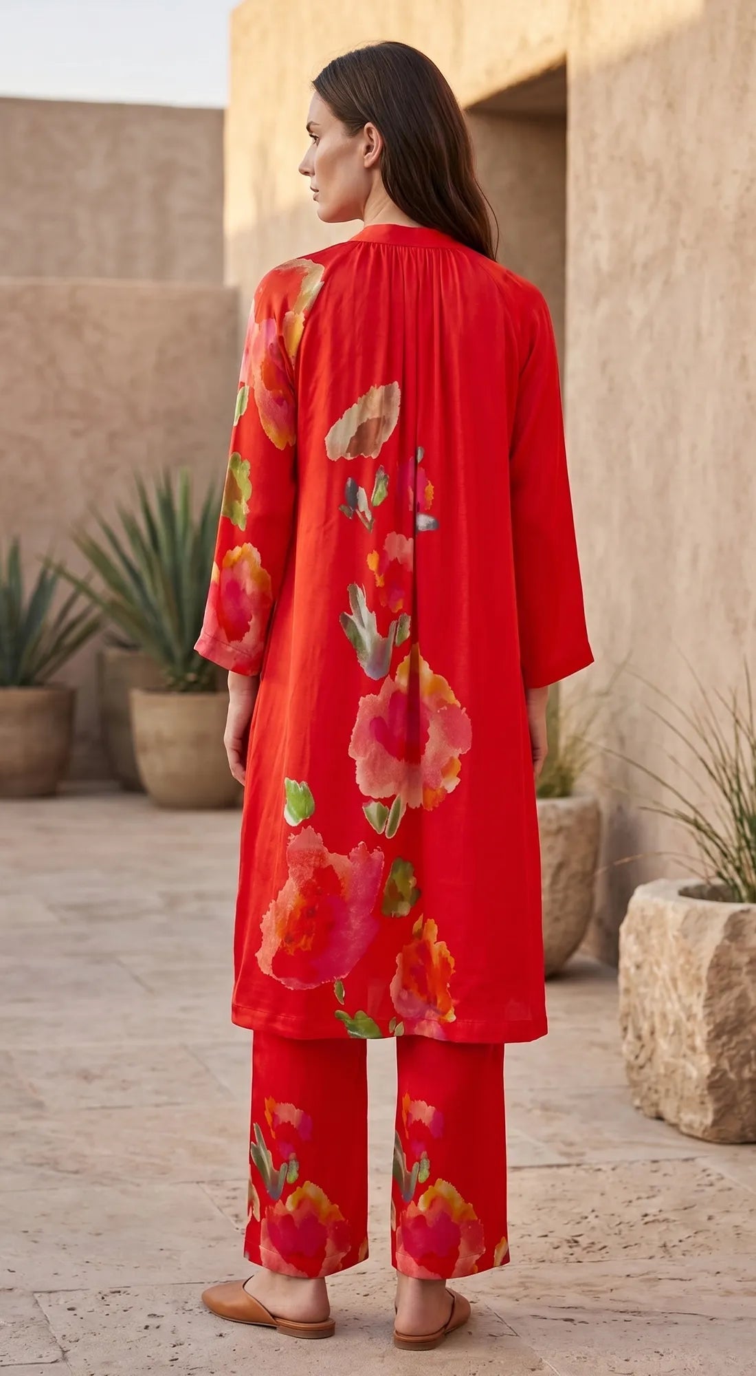 Red Flora Print Kurta Set