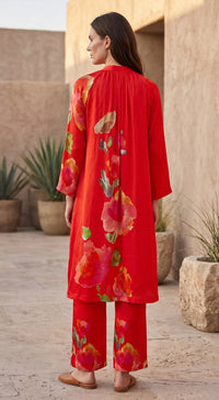 Red Flora Print Kurta Set