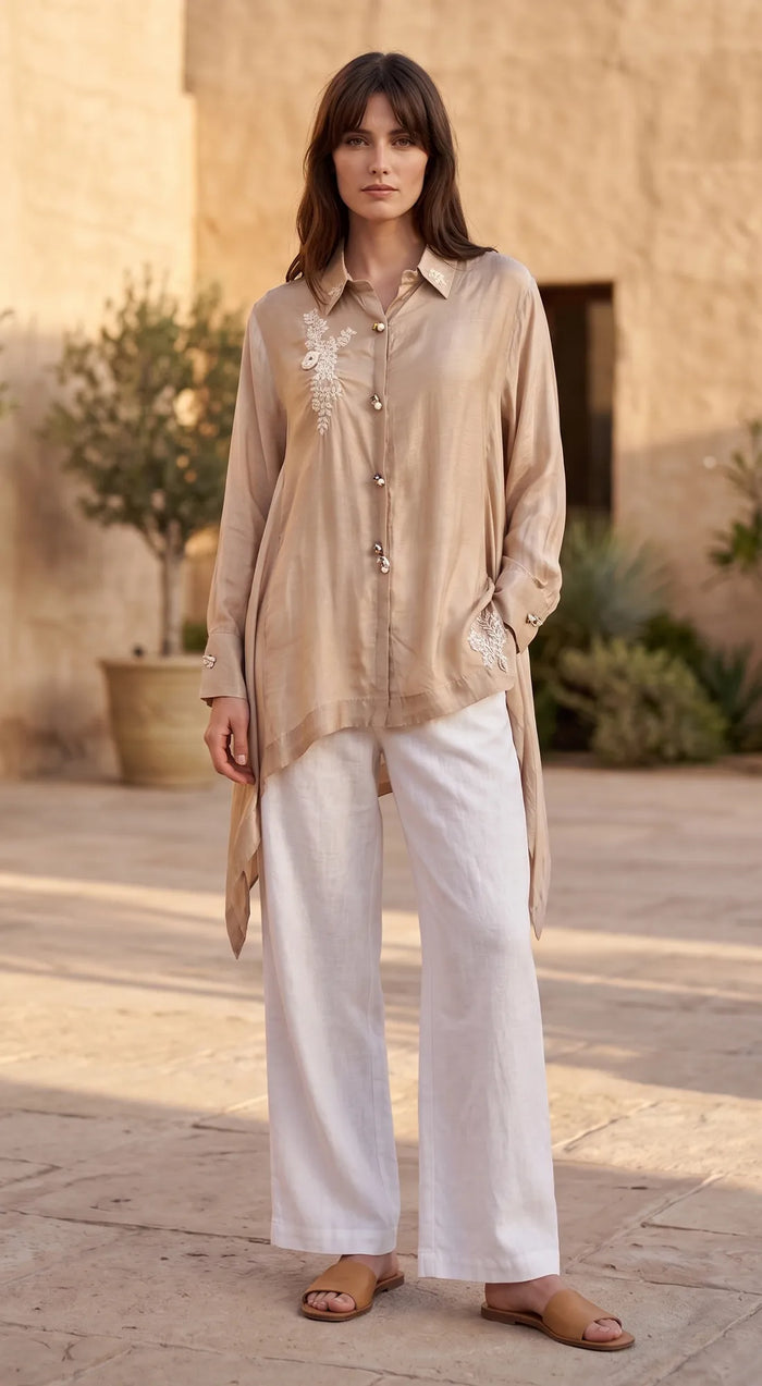 Beige Muslin Embroidered Shirt