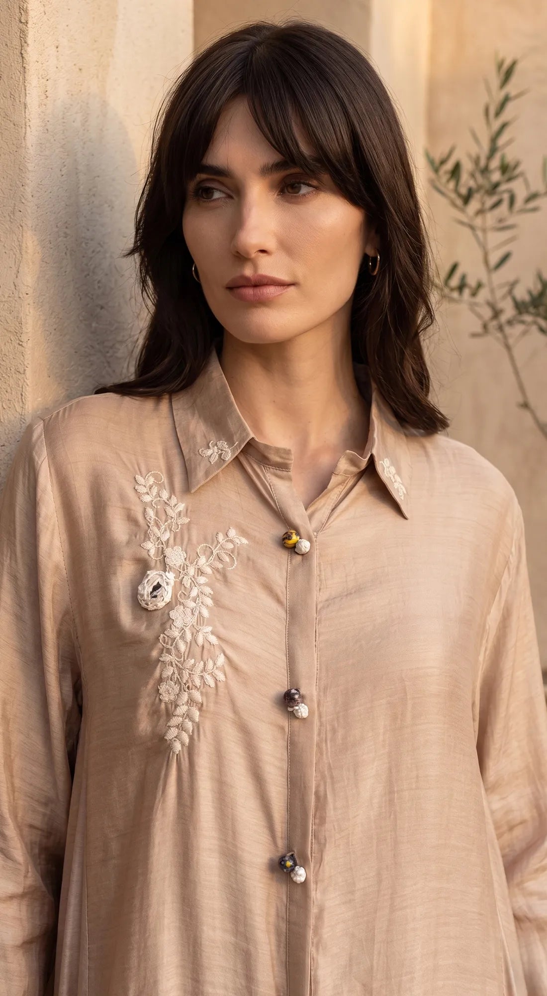 Beige Muslin Embroidered Shirt