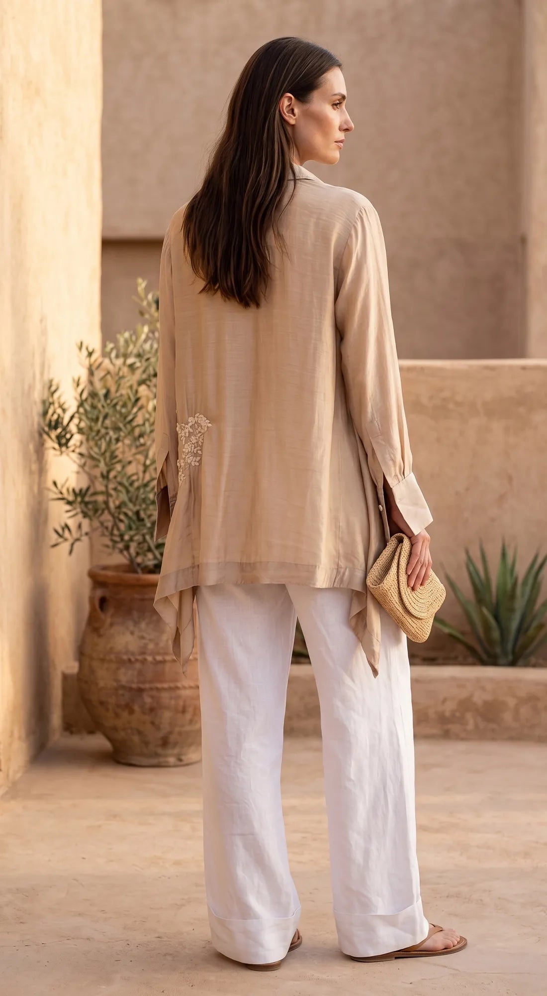 Beige Muslin Embroidered Shirt