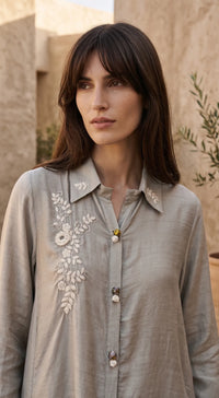Grey Muslin Embroidered Shirt