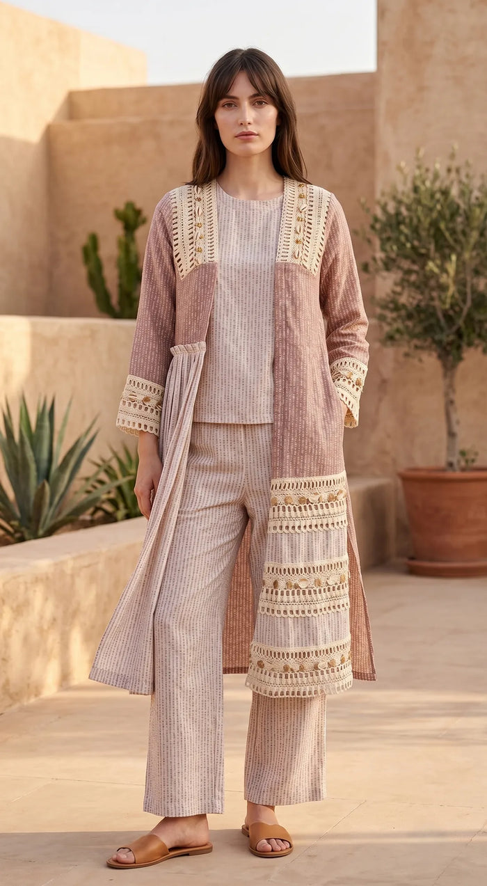 Ivory Cotton Jute Co-Ord Set With Jacket