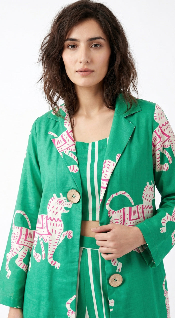Green Muslin Abstract Co-ord with Jacket
