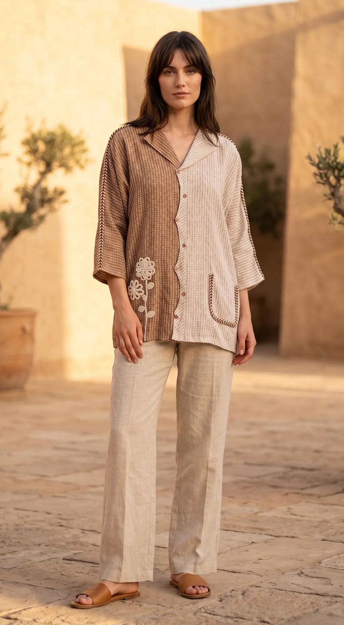 Ivory Cotton Jute Colorblock Shirt