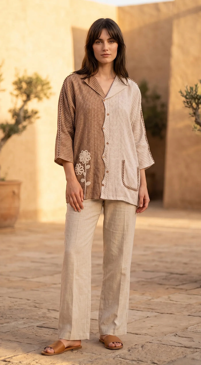 Ivory Cotton Jute Colorblock Shirt