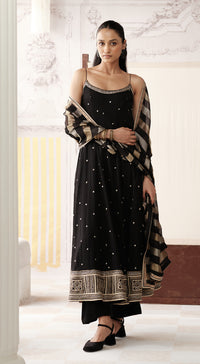 Black striped tissue sleevless Anarkali with mirror and bead work - Basanti kapde aur koffee