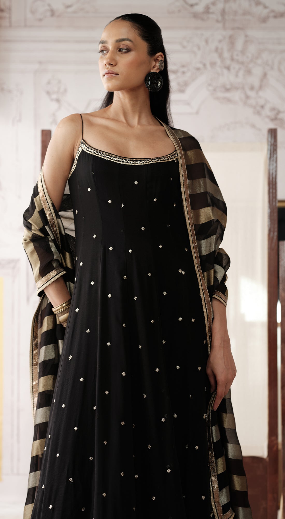 Black striped tissue sleevless Anarkali with mirror and bead work - Basanti kapde aur koffee