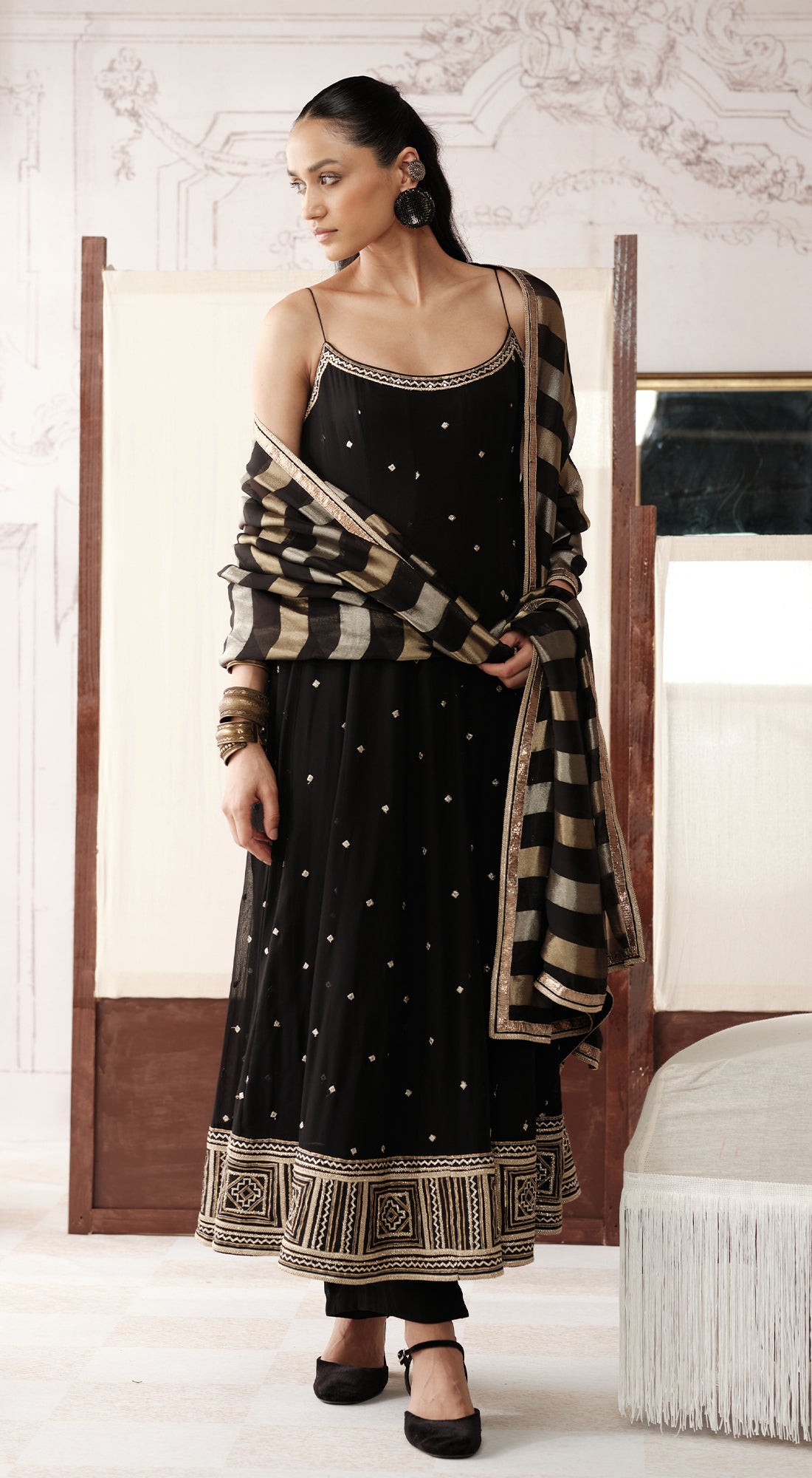 Black striped tissue sleevless Anarkali with mirror and bead work - Basanti kapde aur koffee