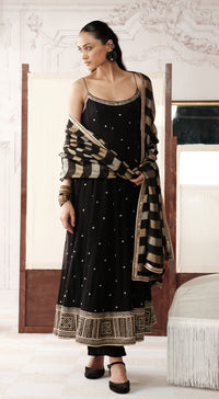 Black striped tissue sleevless Anarkali with mirror and bead work - Basanti kapde aur koffee