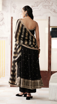 Black striped tissue sleevless Anarkali with mirror and bead work - Basanti kapde aur koffee