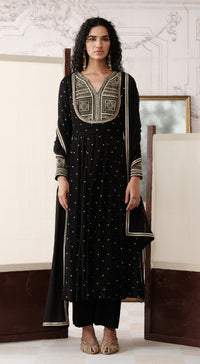 Black viscose georgette Anarkali with mirror and gota work - Basanti kapde aur koffee