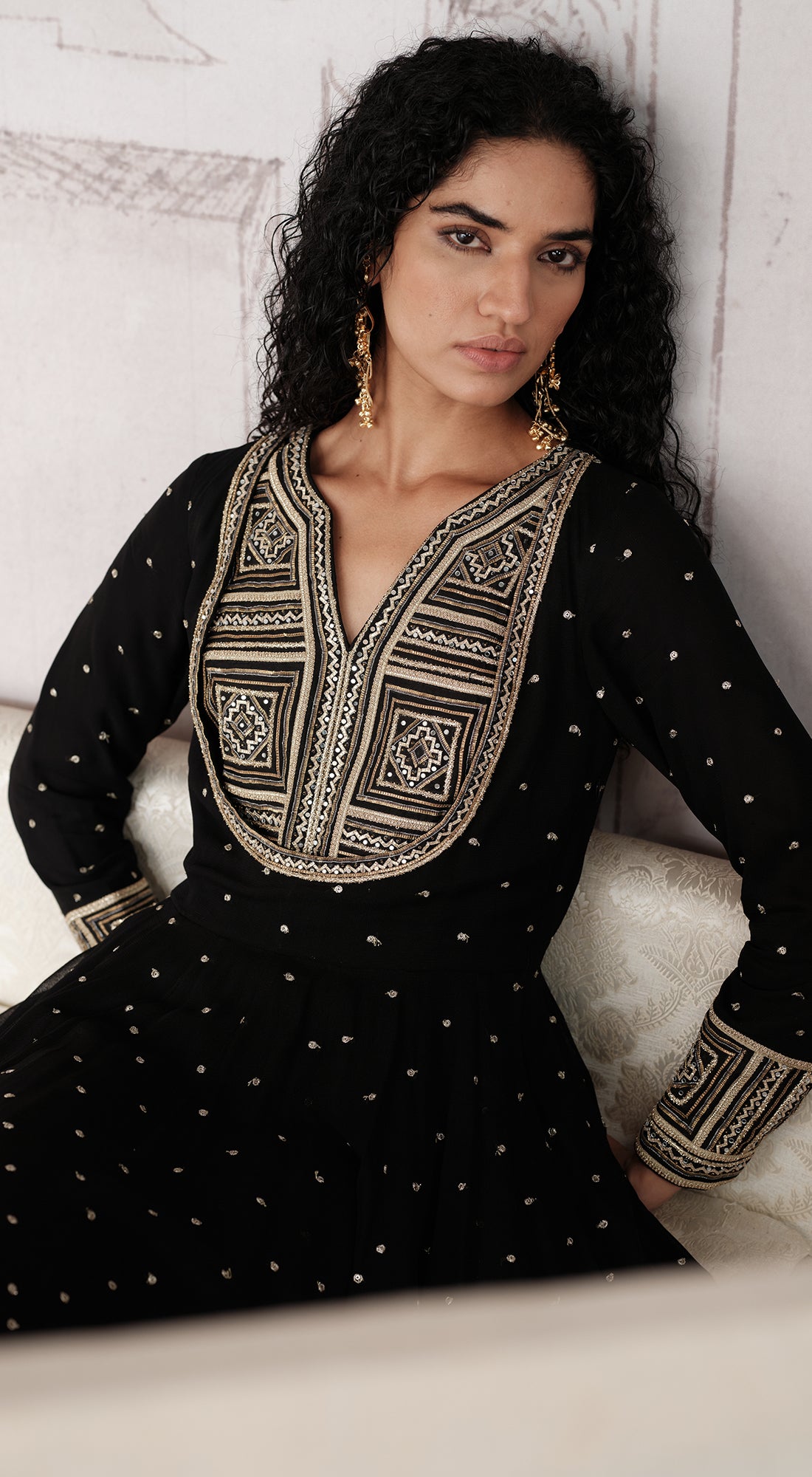 Black viscose georgette Anarkali with mirror and gota work - Basanti kapde aur koffee