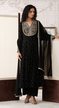 Black viscose georgette Anarkali with mirror and gota work - Basanti kapde aur koffee