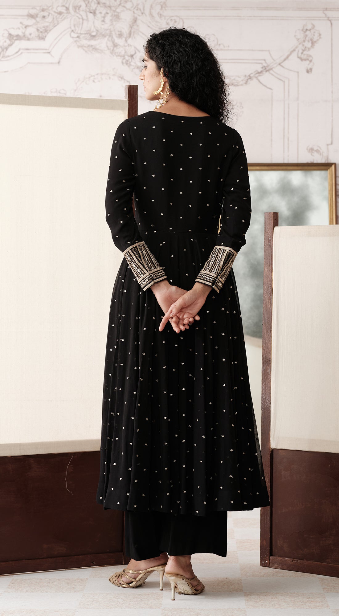 Black viscose georgette Anarkali with mirror and gota work - Basanti kapde aur koffee