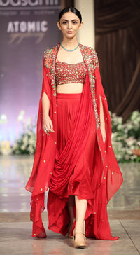 The Scarlet Embrace Draped Skirt & Cape Set