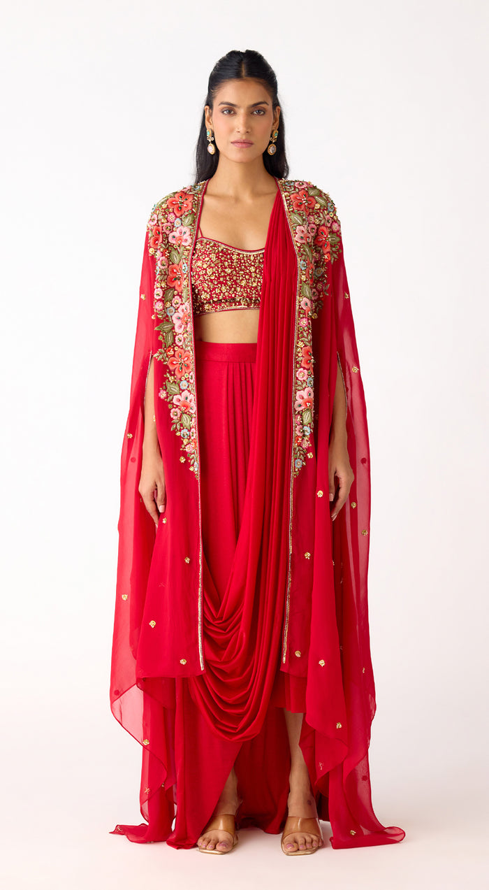 Red Embroidered Draped Skirt Set