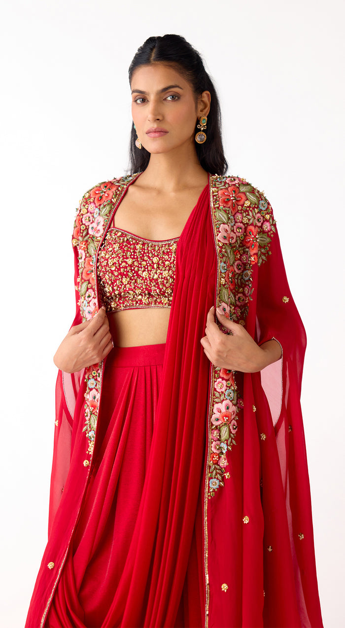 Red Embroidered Draped Skirt Set