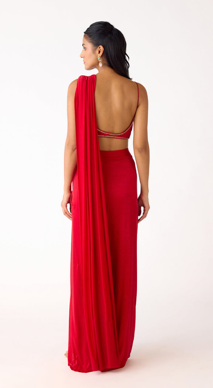 Red Embroidered Draped Skirt Set