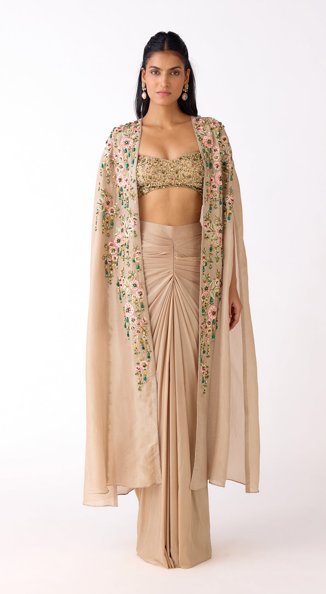 Gold Silk Embroidered Cape Set