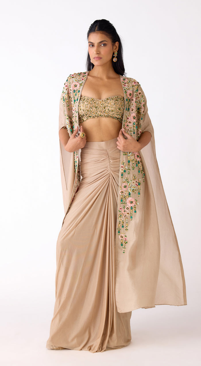 Gold Silk Embroidered Cape Set