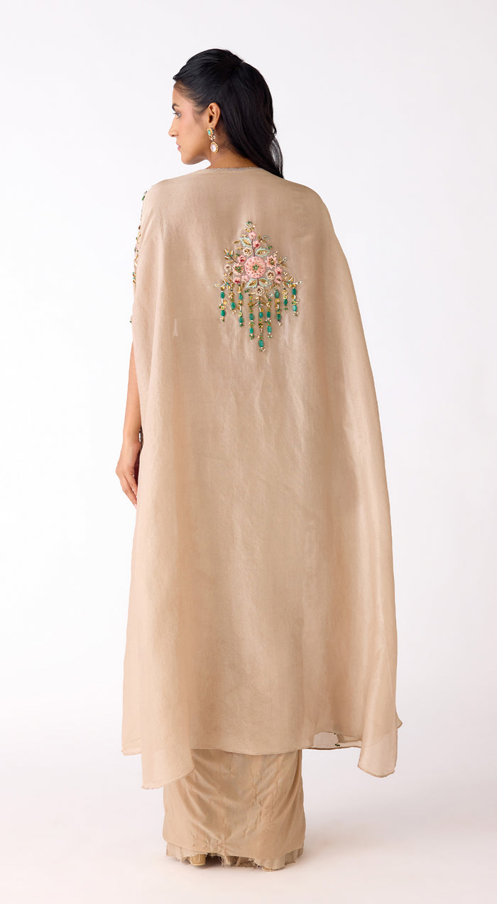 Gold Silk Embroidered Cape Set