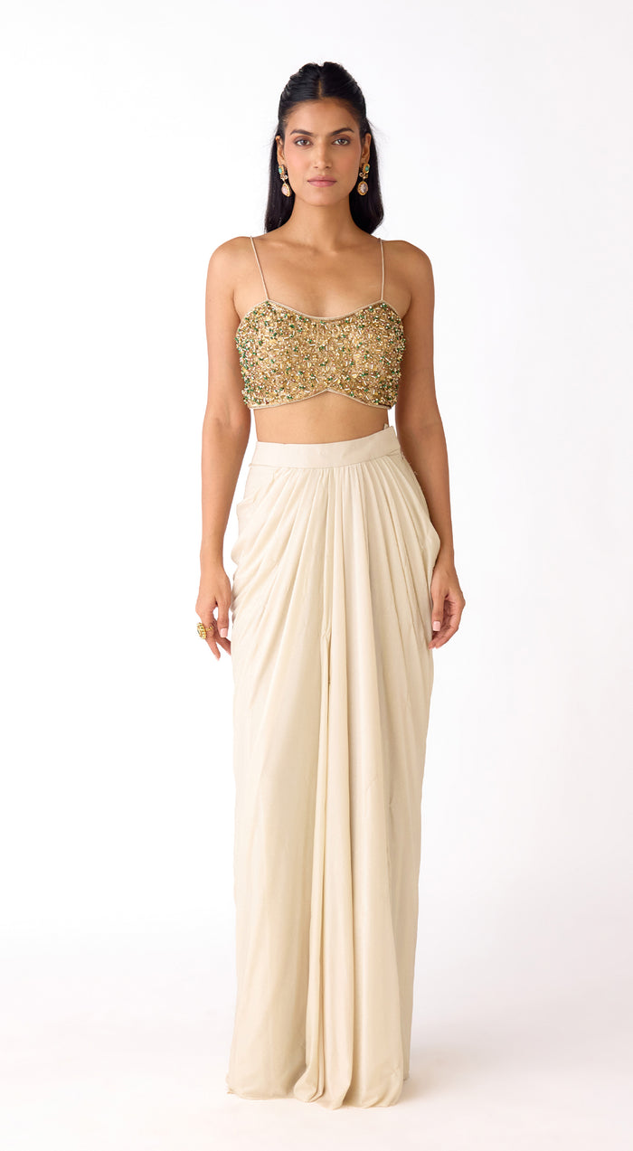 The Golden Mirage Draped Skirt & Cape Set