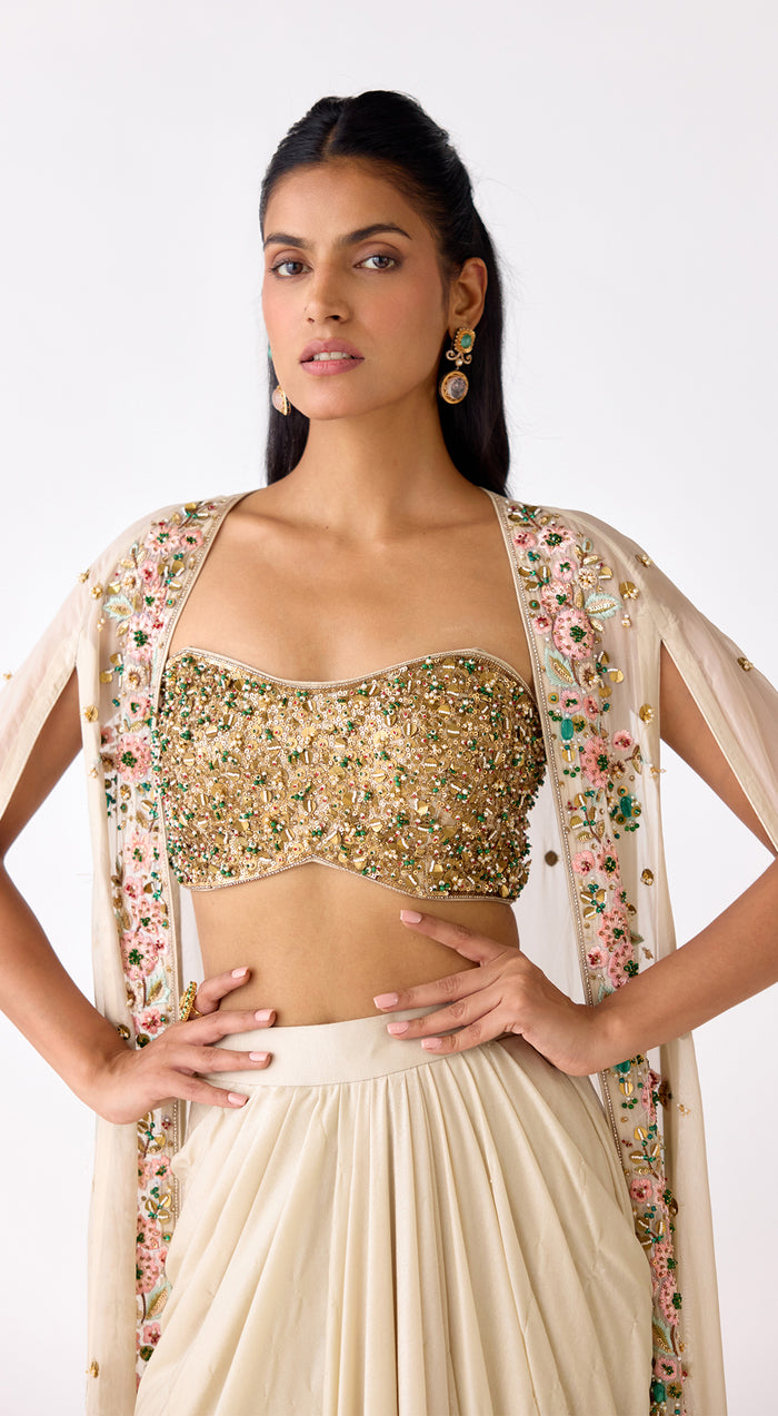 The Golden Mirage Draped Skirt & Cape Set