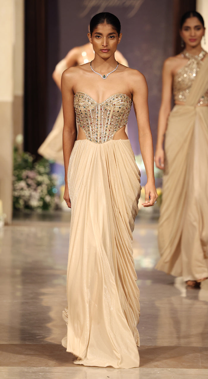 Gold Silk Embroidered Draped Skirt Set