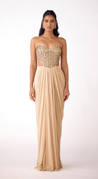 Gold Silk Embroidered Draped Skirt Set
