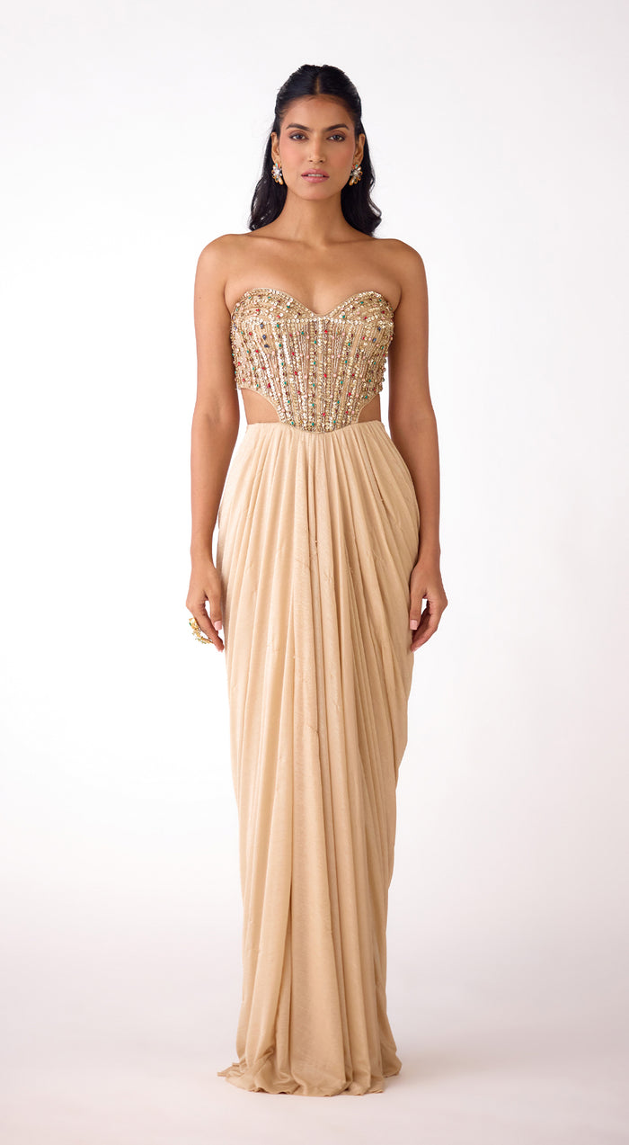Gold Silk Embroidered Draped Skirt Set