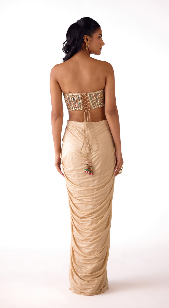 Gold Silk Embroidered Draped Skirt Set