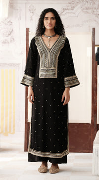 Black viscose georgette suit set with sequin and bead work - Basanti kapde aur koffee