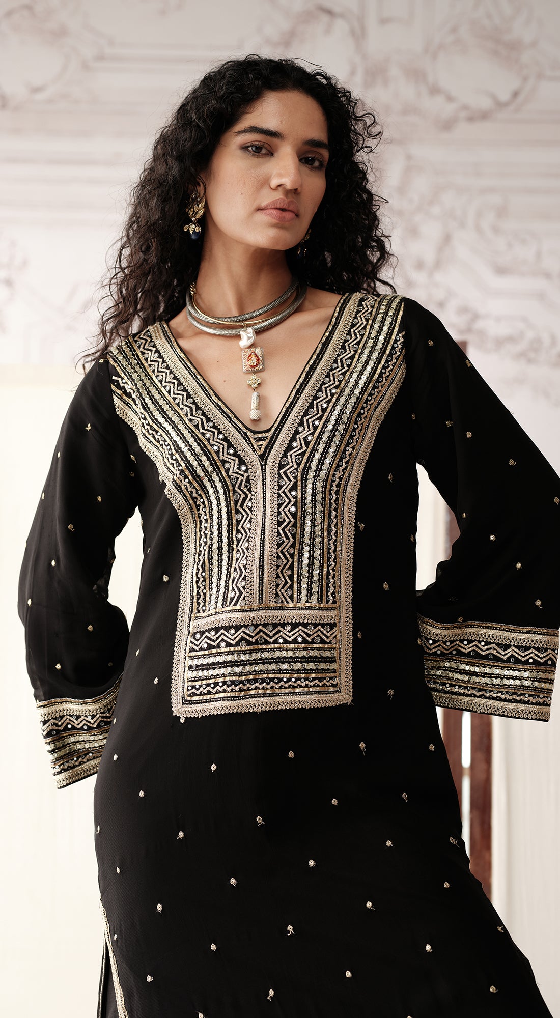 Black viscose georgette suit set with sequin and bead work - Basanti kapde aur koffee