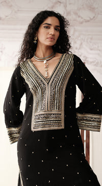 Black viscose georgette suit set with sequin and bead work - Basanti kapde aur koffee